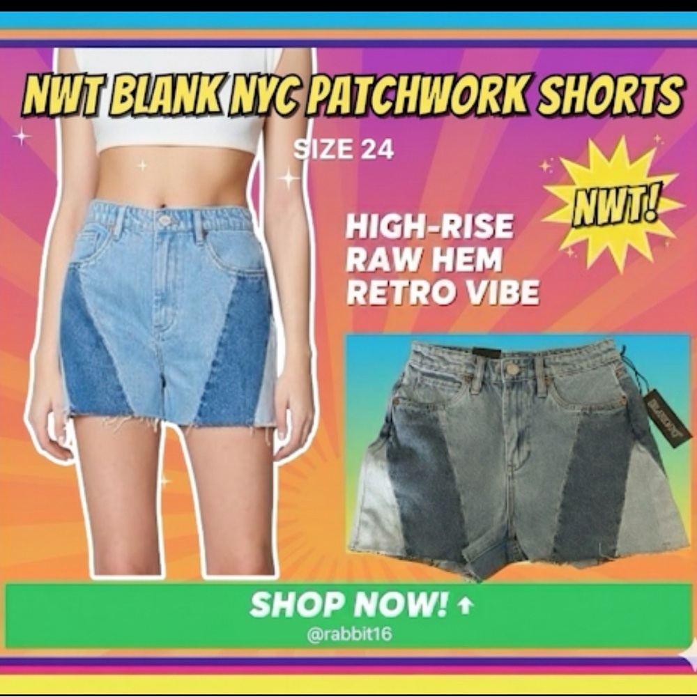 NWT BLANK NYC High-Rise Patchwork Denim Shorts – Size 24 👖✨
